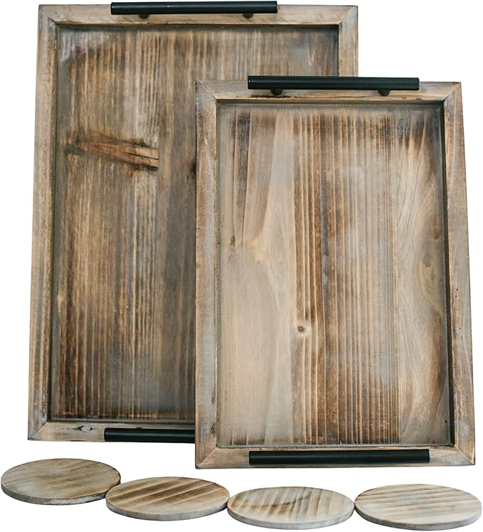 Decorative Ottoman Serving Tray Wooden Rustic (Set of 2) | Black Sleek Metal Handles | 4 Matching Coasters | Coffee Table Decor | Serving Kitchen Platter (Rustic Brown)