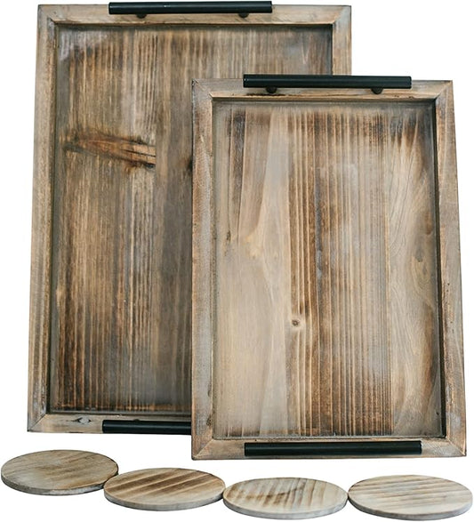 Decorative Ottoman Serving Tray Wooden Rustic (Set of 2) | Black Sleek Metal Handles | 4 Matching Coasters | Coffee Table Decor | Serving Kitchen Platter (Rustic Brown)