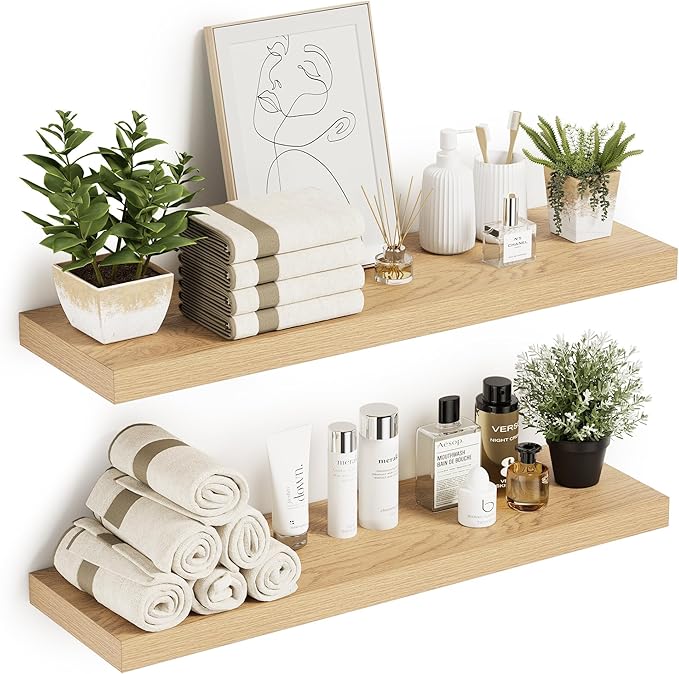 Vivelove 10 inches Deep Floating Shelves 36 inch Long, Large Oak Wall Shelves Heavy Duty 70 lbs for Bedroom, Bathroom, Living Room, Kitchen, Office, Modern Shelf Home Decor with Invisible Bracket