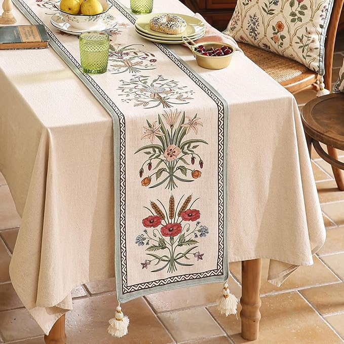 ISAENNE Designer French Country Linen Table Runner 102 Inches Long,Elegant Colorful Floral Pattern Table Runners for Dining Tables,Thanksgiving,Christmas,Kitchen Decor,12"*102"-Serenity F