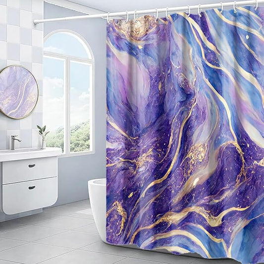 Domoku Purple Blue and Gold Marble Shower Curtain,Abstract Modern Bathroom Decor, Waterproof Washable Fabric Shower Curtain, 72 X 72
