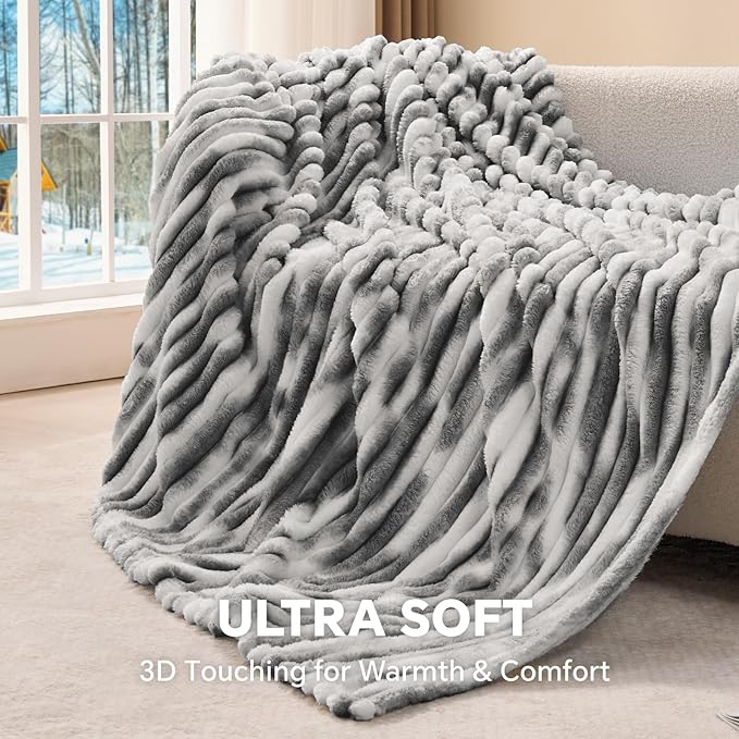 BEDELITE Fleece Throw Blanket for Couch - 300GSM Soft & Warm Fluffy Tie-dye Grey Blanket, Decorative and Giftable Striped Blankets for Women, Men, 50"x60"