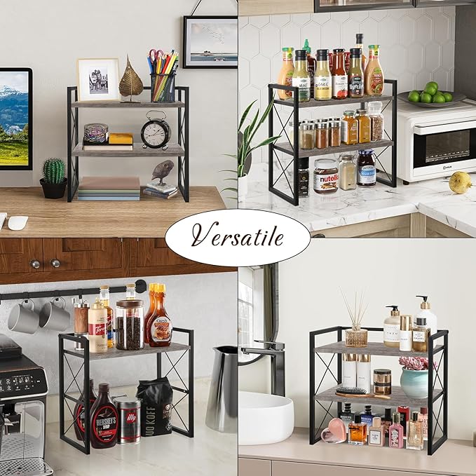 YINMIT Desktop Shelf Organizer, 2 Tier Office Shelves, Wood Desk Organizer Storage Rack and Freestanding Display Shelf for Office, Dormitory, Home (Grey)