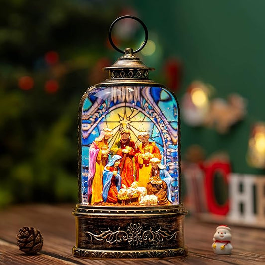 10.3" Christmas Snow Globe Water Lantern with Nativity Scene Battery Operated or USB Powered Musical Lighted Holiday Decoration for Tabletop Display for Family and Friends