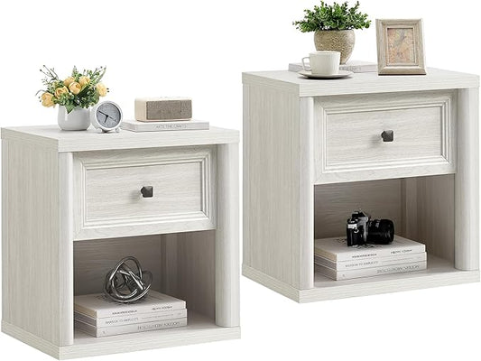 Farmhouse Night Stand Set of 2, White Nightstands with Deep Drawer, Wooden Side Tables End Table, 22.6" Wide Bedside Tables Night Stands for Bedroom Room Sofa Couch Office