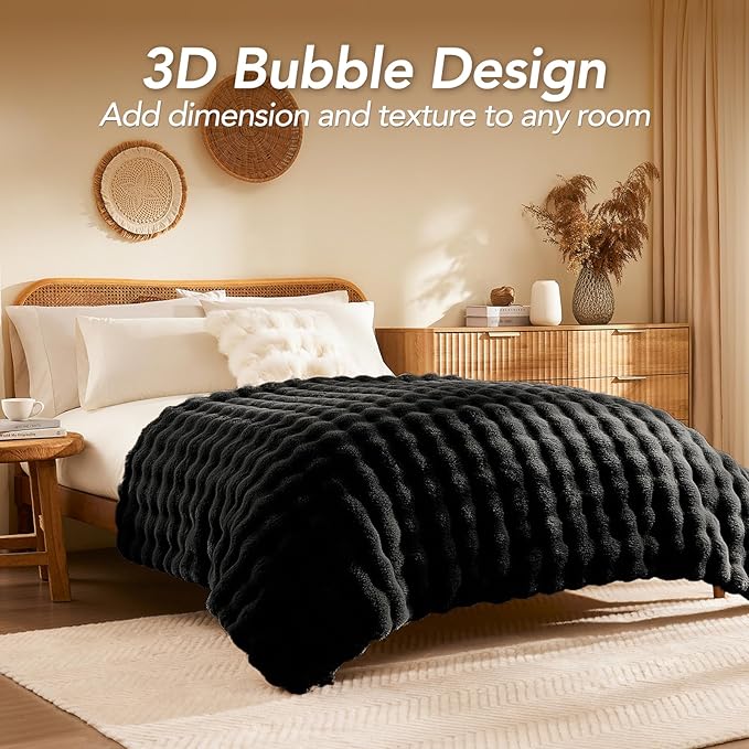 L'AGRATY Faux Rabbit Fur Blanket: 50" x 60" Luxury Soft Fluffy Thick Fur Throw Blanket for Couch Bed Sofa - Cozy Plush Bubble Blankets for Winter: Warm Flannel Fleece Decorative Blanket(Black)