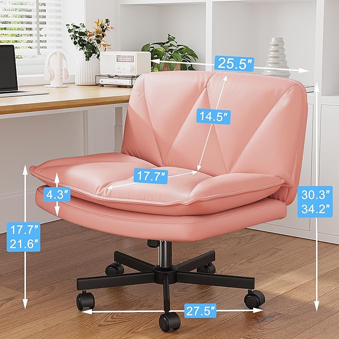 Criss Cross Chair with Wheels and Back,Cross Legged Office Chair with 2-Layer Cushion,Swivel Leather Home Office Desk Chairs Height Adjustable for Make Up,Bedroom,Pink