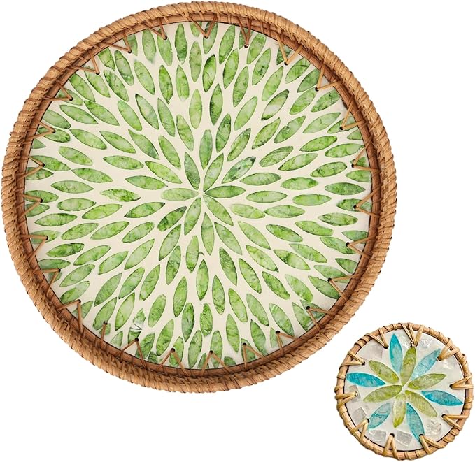 Round Rattan Serving Tray with Mother of Pearl Inlay & Coaster, Boho Wicker Basket, Decorative Coffee Table Tray for Table Decor, Storage and Display of Coffee Bread Fruit (Leaf)