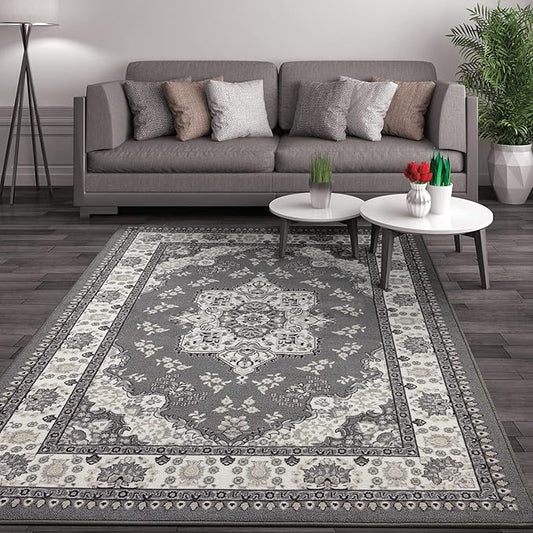 Antep Rugs Alfombras Oriental Traditional 4x6 Non-Skid (Non-Slip) Low Profile Pile Rubber Backing Indoor Area Rugs (Gray, 4' x 5'8")