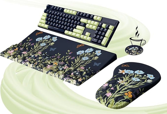 Ospelelf Ergonomic Mouse Pad and Keyboard Stand Wrist Rest Set, Memory Foam Comfort, Pain Relief for Typing, Office Desk Accessories, Moonlit Blossoms