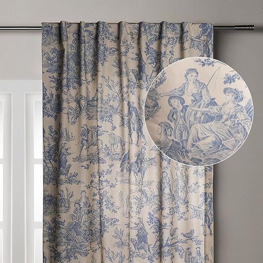 Maison d' Hermine Curtains for Living Room 100% Cotton 96 inch Length One Panel Light Filtering Toile Curtains for Bedroom Windows with Rod and Loop Pockets Drapes (The Miller Blue, 50" W x 96" L)