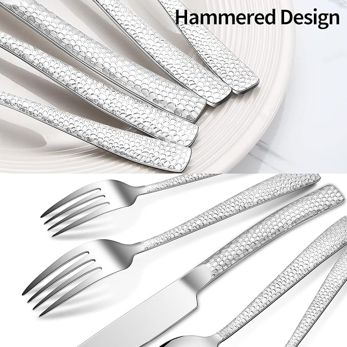 45-Piece Silverware Set with Serving Utensils Set, Silver Hammered Stainless Steel Flatware for 8, Food-Grade Tableware, Including Fork, Knife, Spoon Set, Home Kitchen Cutlery, Dishwasher Safe