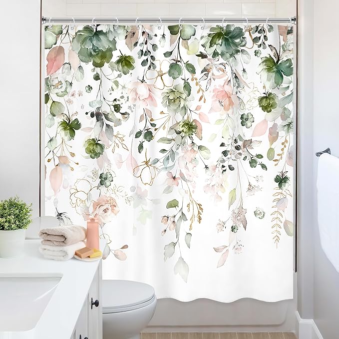 Green Pink Floral Flower Shower Curtain 72Wx72L Inch Spring Summer Rustic Eucalyptus Leaves Pastel Wildflower Plant Botanical Pretty Bathroom Set Bath Curtain Bathtub Accessories Home Decor
