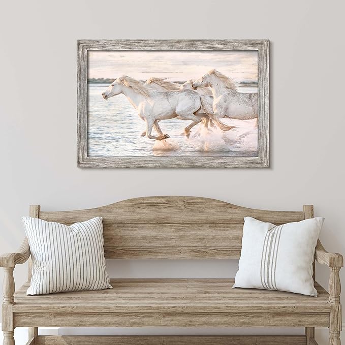 Horse Wall Art Picture Decor: Wild Animal Framed Wood Print White Horses Artwork Modern Galloping Wildlife Painting for Bedroom Living Room Bathroom 36 x 24 Inches