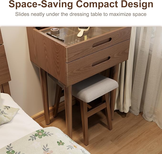 Solid Wood Small Vanity Stool, Compact Makeup Chair with Saddle Cushion, Linen-Covered High Rebound Sponge Seat, Easy Assembly Footstool for Bedroom, Entryway, Home, Walnut