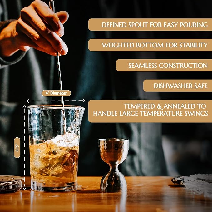 4 Piece Cocktail Kit by Bull In China - Premium Bartender Gift Set Includes Flagship Mixing Glass, 12 inch Barspoon, Bell Jigger & Hawthorne Strainer For Professional & Home Bars (Copper)