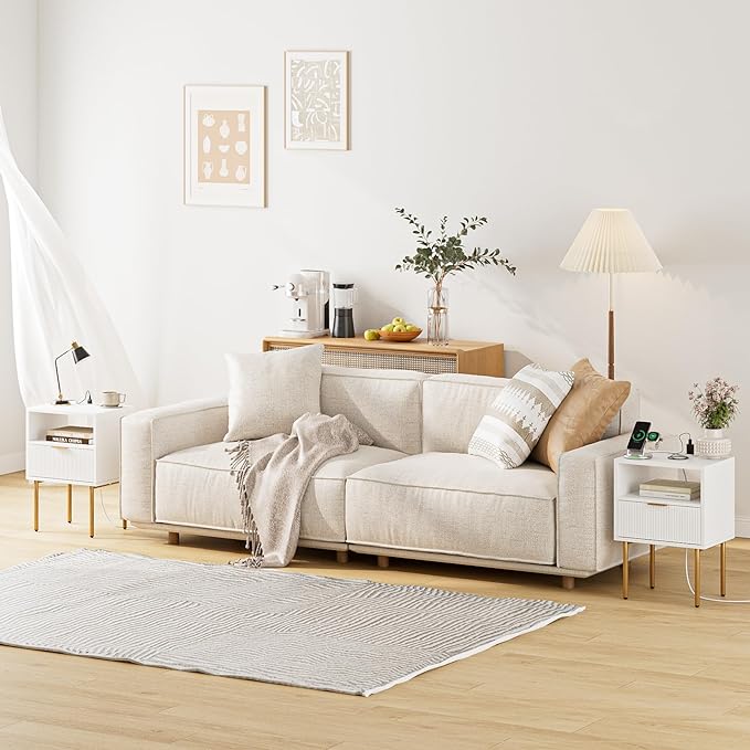Masupu Nightstand with Charging Station,Mid-Century Modern Bedside Table with Storage Drawer and Open Wood Shelf,Small Gold Frame Side Table for Bedroom,Living Room (White)