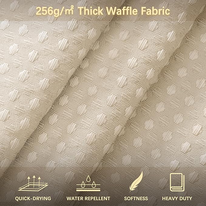 Beige Fabric Shower Curtain - Waffle Textured Heavy Duty Shower Curtains for Bathroom, 256GSM Hotel Spa Luxury Weighted Bath Curtain with 12 Hooks, 72x80, Beige