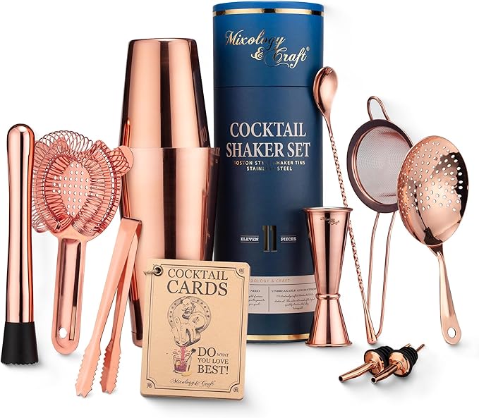 Mixology & Craft Cocktail Shaker Set - 11-Piece Bar Accessories Kit w/Weighted Boston Shaker, Strainer, Jigger, Muddler and More - Home Bartending Tools, Accessories for Bartender, Copper