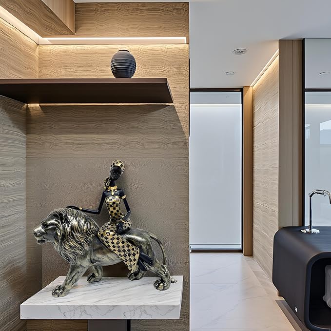 African Lion Tribal Lady Sculpture, African Design Figurines with Tribal Totem,Desk Room Home Decor, Animal and Women Decor Art Sculptures