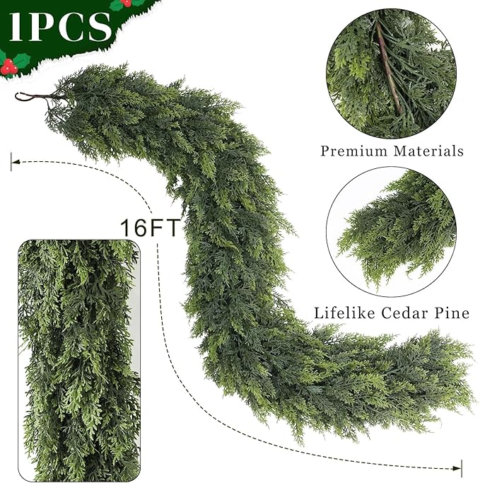 16FT Real Touch Cedar Garland for Fireplace - Artificial Christmas Garlands Realistic Faux Greenery Fake Pine Needles Garland for Holiday,Table, Window,Mantel,Stairs, Home,Indoor Outdoor Decor (1PCS)