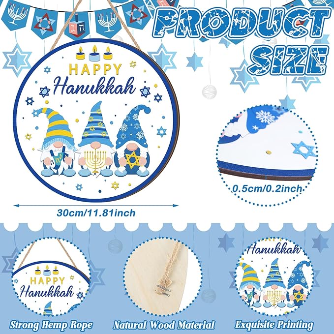 3 Pcs Hanukkah Front Door Sign Round Hanukkah Hanging Ornaments Hanging Wooden Plaque Decoration Chanukah Party Wall Sign Hanger for Farmhouse Home Livingroom Birthday Party Supplies