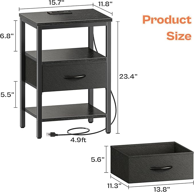 SUPERJARE Nightstand Set of 2, Bed Side Tables with Charging Station, Adjustable Fabric Drawer, Night Stand for Bedroom, 3-Tier Storage End Tables, Black, 8030BC