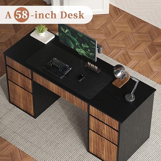 4 EVER WINNER Black Desk with Drawers, 58" Executive Office Desk with 7 Drawers and Hidden Handle, Computer Desk with File Cabinets for Living Room Study Table for Bedroom, Black