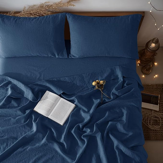 LBRO2M 100% Linen Sheet Set 16" Deep Pocket Queen Size,Bed Sheets 4 Piece Sets,Solid Color Natural Flax Bed Sheets Soft Breathable Bedding, All Season (Queen, Navy Blue)