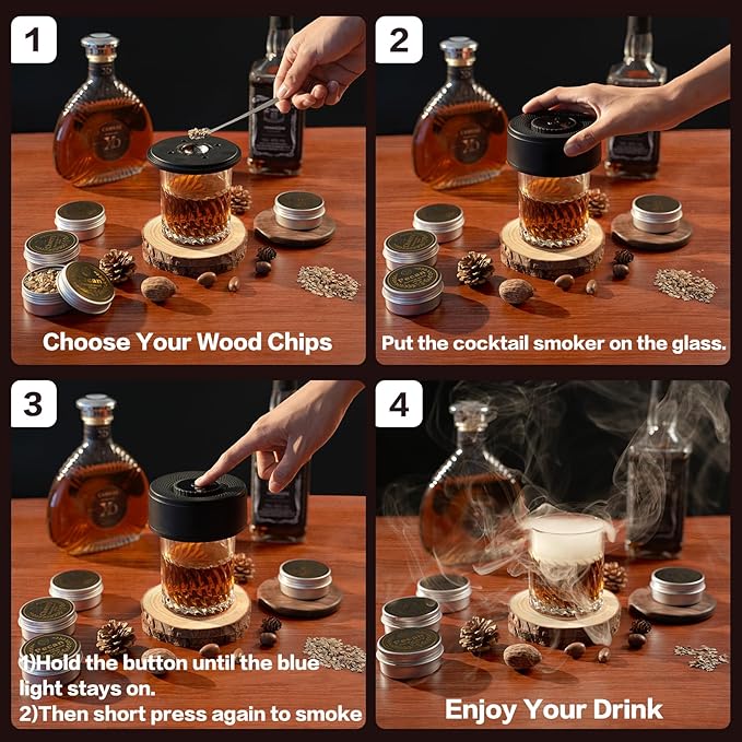 Electric Whiskey Smoker Kit with 6 Flavors Wood Chips, old fashioned smoker kit Built-in LED Ambient Light, Bourbon Smoker Kit, Bourbon Whiskey Gifts for Men,Dad,Husband