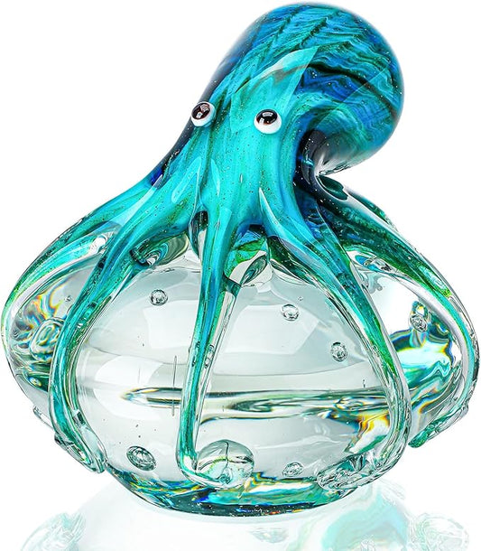 QFkris Qf Handmade Octopus Blown Glass Figurine Gift for Christmas, Birthday Home Decor Blue-Green Paper Weight