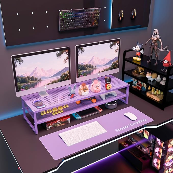 Simple Trending 2 Tier Metal Dual Monitor Stand Riser, Computer Office Desktop Organizer for 2 Monitors with 32"x10" Mouse Pad for Laptop, Printer, TV, Purple