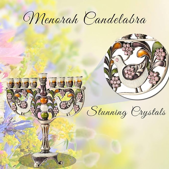Matashi Hand Painted Enamel Menorah Candelabra with a Doves and Flower Design and Embellished with Gold Accents Crystals, for Hanukkah