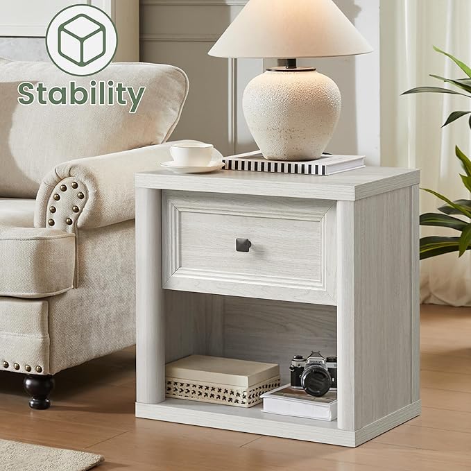 Farmhouse Night Stand Set of 2, White Nightstands with Deep Drawer, Wooden Side Tables End Table, 22.6" Wide Bedside Tables Night Stands for Bedroom Room Sofa Couch Office