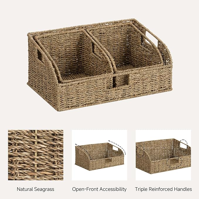 StorageWorks Seagrass Pantry Storage Baskets, Wicker Baskets with Built-in Handles, Handwoven Shelf Baskets for Organizing, Pantry Organizers and Storage, 3 Pack