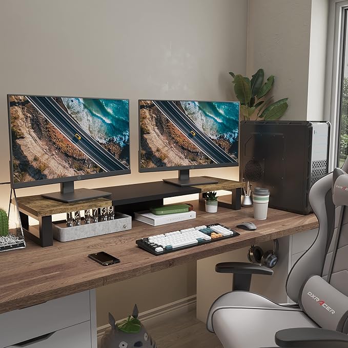 WESTREE Dual Monitor Stand Riser, Wood and Steel Multi-Purpose Desktop Storage Stand for 2 Monitors for Computer, Laptop, Printer, TV, Rustic Brown