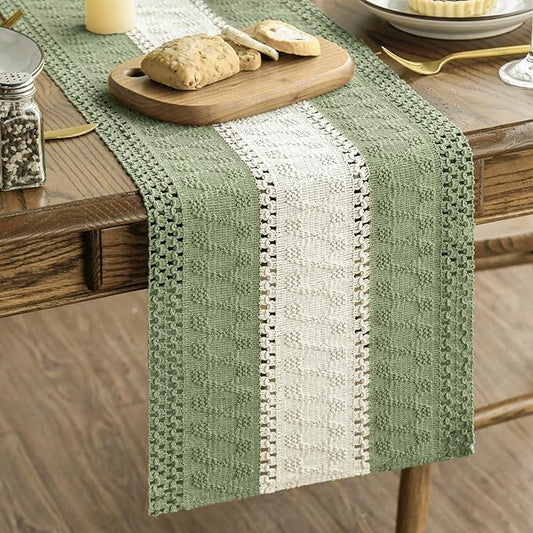 Artoid Mode Light Green Farmhouse Rustic Table Runner, Seasonal Hollow Kitchen Dining Table Decoration for Home Party Decor 12x90 Inch