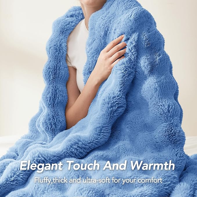 L'AGRATY Faux Fur Throw Blanket: 60" x 80" Luxury Soft Fluffy Rabbit Fur Blankets Twin for Couch Bed Sofa - Cozy Plush Bubble Blankets for Winter: Flannel Fleece Decorative Blanket(Airy Blue)