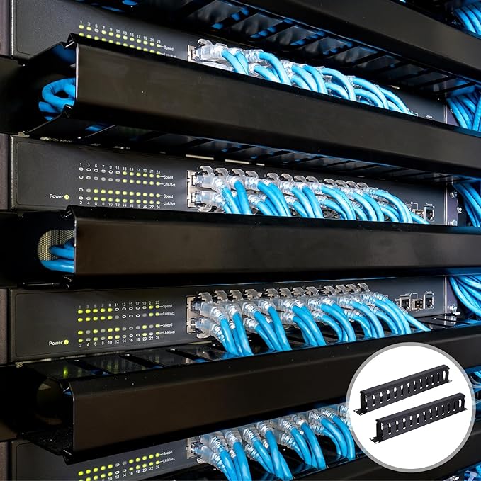 PATIKIL 1U 19 Inch Cable Management, 4 Pack 12 Slot Horizontal Rack Mount Wire Management Metal Finger Duct Wire Organizer for Network Cabinet, Black