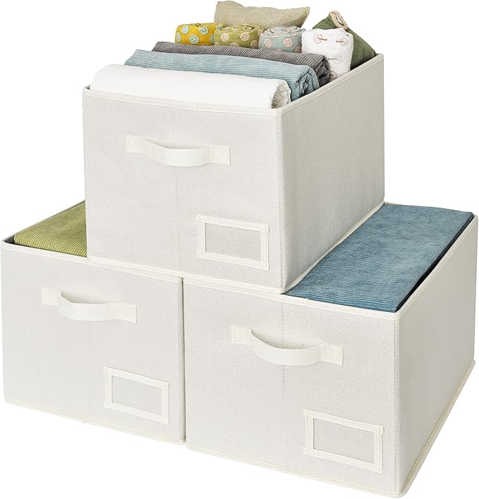 GRANNY SAYS Cloth Storage Bin with Label Holder, Closet Organizers and Storage Shelves, Sweater Storage Boxes for Closet Room, Storage Baskets for Organizing, Pearl White, Extra Large, 3-Pack