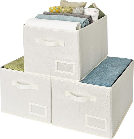 GRANNY SAYS Cloth Storage Bin with Label Holder, Closet Organizers and Storage Shelves, Sweater Storage Boxes for Closet Room, Storage Baskets for Organizing, Pearl White, Extra Large, 3-Pack