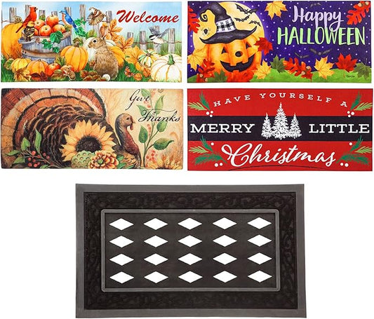 Evergreen Sassafras Fall Christmas Holiday Doormat Insert Bundle & Tray Set of 5, Interchangeable Entrance Door mats Indoor and Outdoor Welcome Mat 30 x 18 Tray Non Slip Backing Low Profile