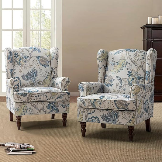 HULALA HOME Wingback Accent Chairs Set of 2 with Retro Wood Legs, Traditional Fabric Armchairs for Living Room Bedroom, Comfy Upholstered Sofa Chairs Reading Chairs with Unique Pattern Design, Blue