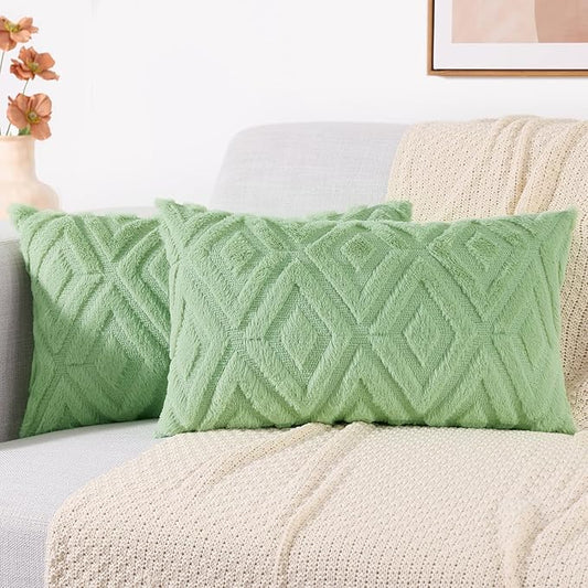 decorUhome Couch Throw Pillow Covers 12x20 Set of 2, Decorative Soft Plush Faux Wool Lumbar Neutral Accent Pillow Covers for Bed Sofa Living Room, Sage Green