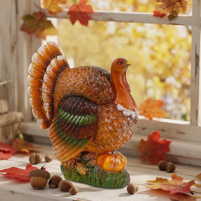winemana Thanksgiving Table Decorations Resin Turkey with Pumpkin, Hand-Painted Fall Figurine Centerpiece for Home Kitchen Office Harvest Day Decor