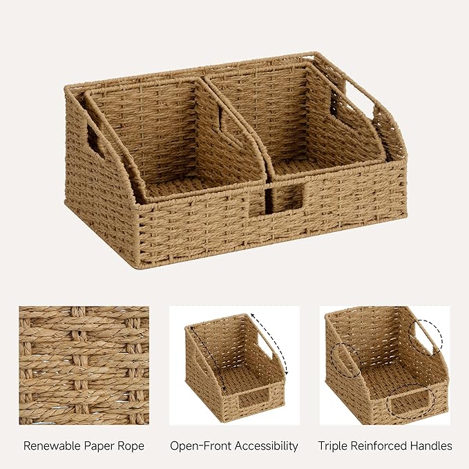 StorageWorks Paper Rope Pantry Storage Baskets, Wicker Baskets with Built-in Handles, Handwoven Shelf Baskets for Organizing, Pantry Organizers and Storage, Natural, 3 Pack