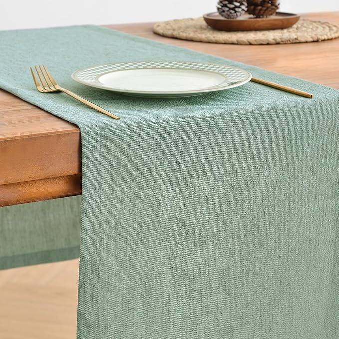 Wracra Linen Style Table Runner, Rustic Farmhouse Christmas Red Table Runners 48 Inches Long, Handcrafted Table Runner for Fall, Winter - Everyday Use and Machine Washable, Light Green 48"