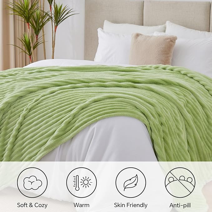BEDELITE King Size Blanket for Bed, 300GSM Soft & Warm Fleece Blanket, Decorative and Giftable Striped Grass Green Blankets for Women, Men, 108"x90"