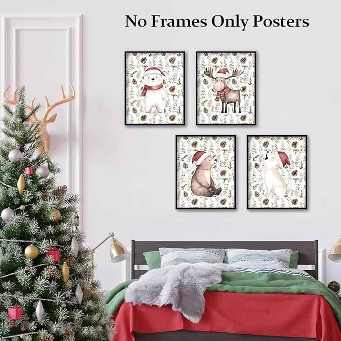 TFKFJLF Cute Christmas Animal Wall Art Poster Decor for Kids, Christmas Bear Painting Pictures Wall Decor, Winter Holidays Decorations for Nursery Bedroom Living Room, Unframed 8x10in Set of 4