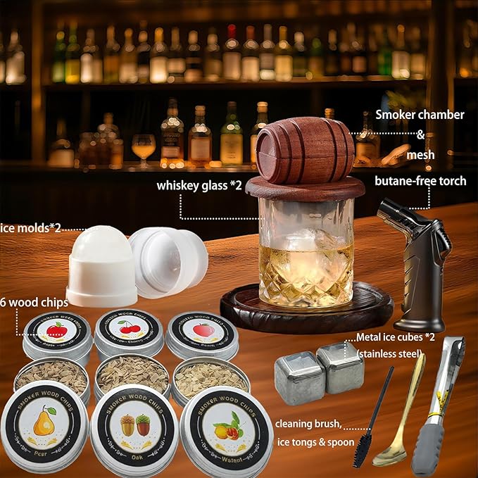 Whiskey Smoker Kit with Torch- 6 Wood Chips, 2 Whisky Glass Sets- Bourbon Cocktail Smoker Set, Old Fashioned Drink Smoker Kit, Ultimate Birthday Gifts for Men, Dad, Husband (No Butane)